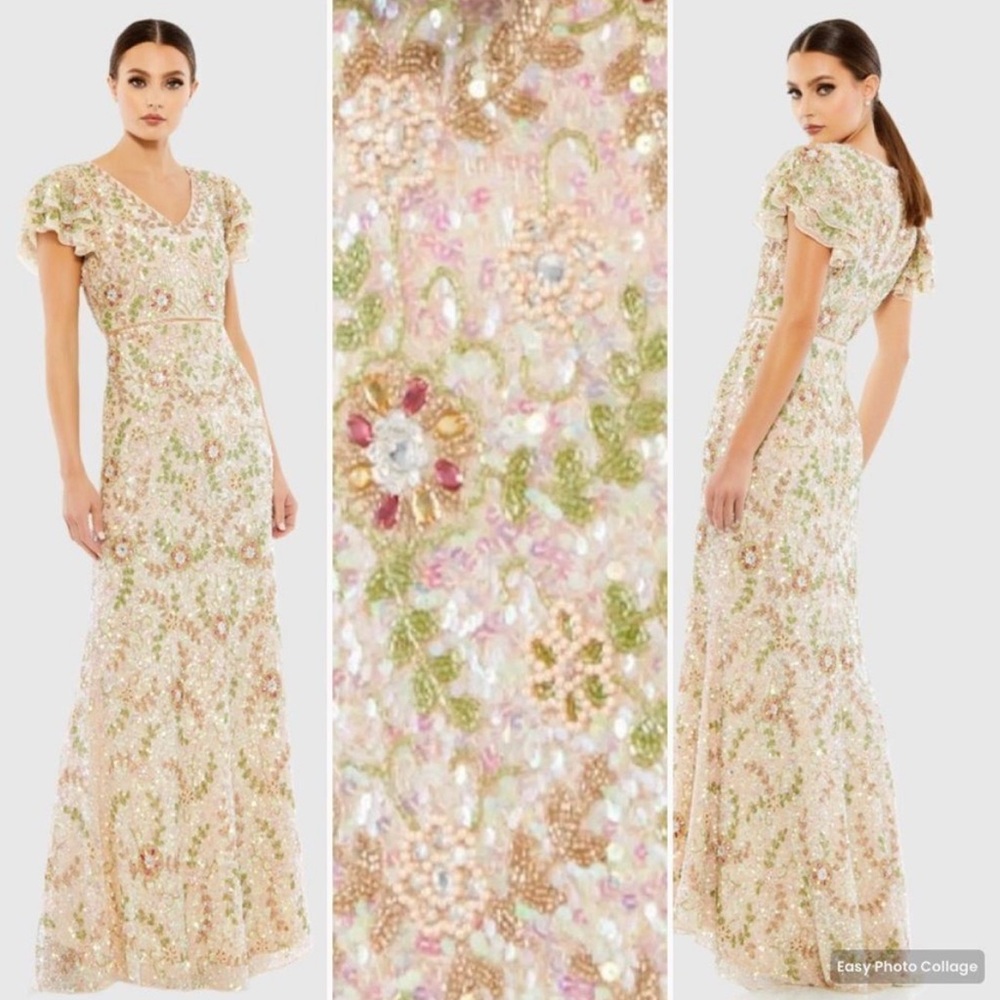 Mac Duggal Women’s Size 12 Gown 10772 Floral Beadwork Ruffle Sleeve V-Neck NWT